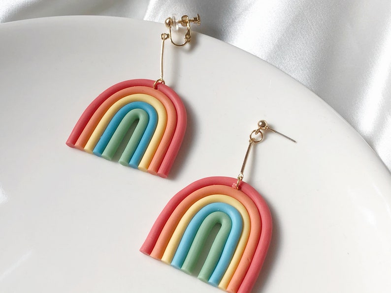 Cute big Rainbow Stud/Clip on earrings, gift for her zdjęcie 3