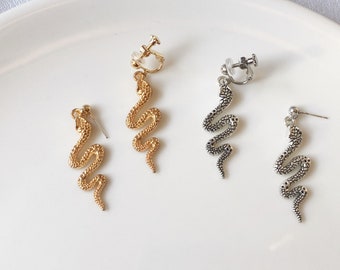 Snake stud/clip on earrings, gold earrings, Cute handmade gift for her