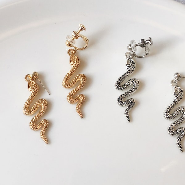 Snake stud/clip on earrings, gold earrings, Cute handmade gift for her