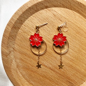 Sakura enamel earrings, oriental cherry Stud/Clip on earring, Dangle and drop earrings, spring gift for her Red