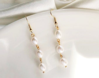 Triple white freshwater oval pearl drop Stud / Clip on Earrings, Geometric pendant, Gift for her