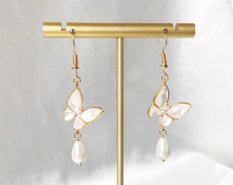 Dainty Butterfly and  faux teardrop pearl Dangle Earrings, Gift for her
