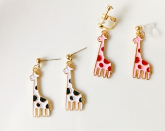 Cute Cartoon Giraffe Earrings | Pink or White | Clip On/Stud Dangle | Animal Gift for Her