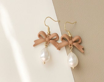 Brown bowknot and Faux teardrop Pearl stud / clip on Earrings, Gift for her