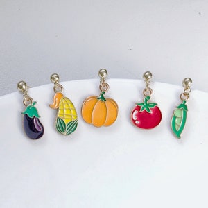 Enamel Gold Colourful Pumpkin Vegetable Drop Earrings Hook Stud Clip On Jewellery Non Pierced Ears Cute Quirky Foodie Halloween Gift