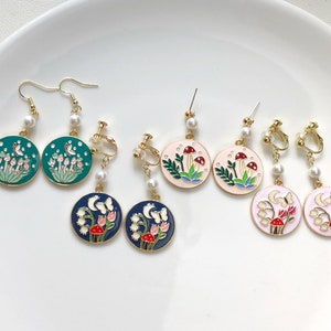 Cute flowers enamel and faux pearl earrings, lily of the valley mushroom, butterfly  clip on/ stud Earrings, Gift for her