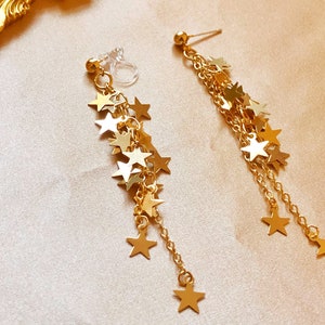 Vintage style gold star Earrings, delicate Clip on dangle pendant, Gift for her image 1