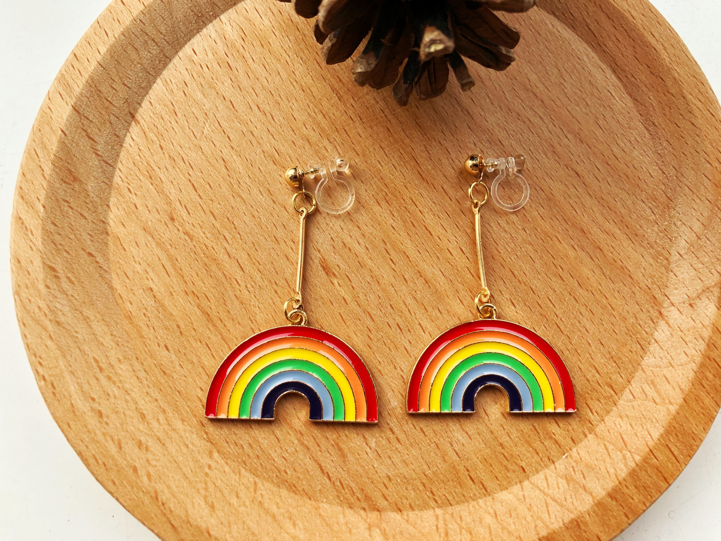 Cute Rainbow Stud/Clip on earrings enamel silver earring Etsy