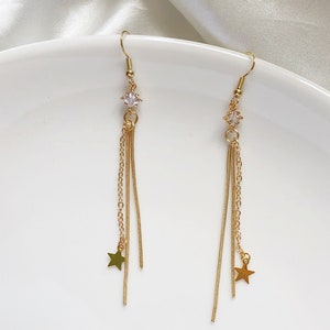 Gold colour tassel dangle and zirconia stud/ clip on Earrings, gift for her image 2