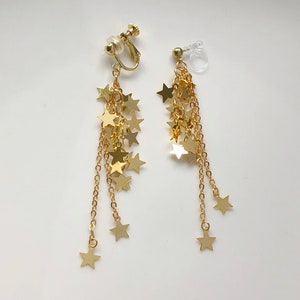 Vintage style gold star Earrings, delicate Clip on dangle pendant, Gift for her image 6