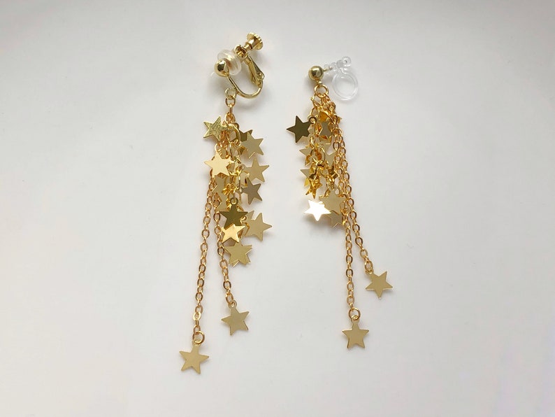 Vintage style gold star Earrings, delicate Clip on dangle pendant, Gift for her image 6