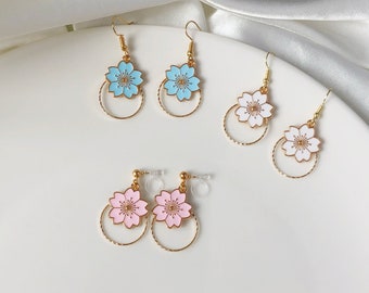 Cherry Blossom Enamel Earrings, Sakura Flower Hoop Dangle, Invisible Clip on Stud or Hook, Pastel Floral Jewellery, Fits All Ears