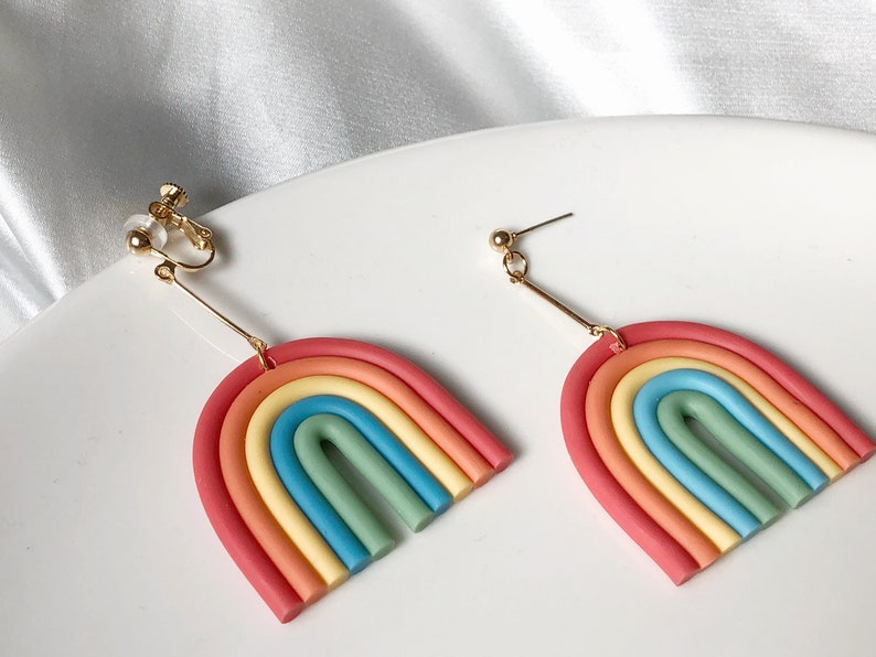 Cute big Rainbow Stud/Clip on earrings, gift for her zdjęcie 4