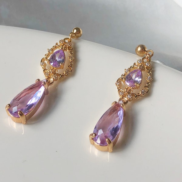 Dainty zirconia Purple faux quartz earrings Stud/ clip on Earrings, Dainty dangle pendant, Gift for her