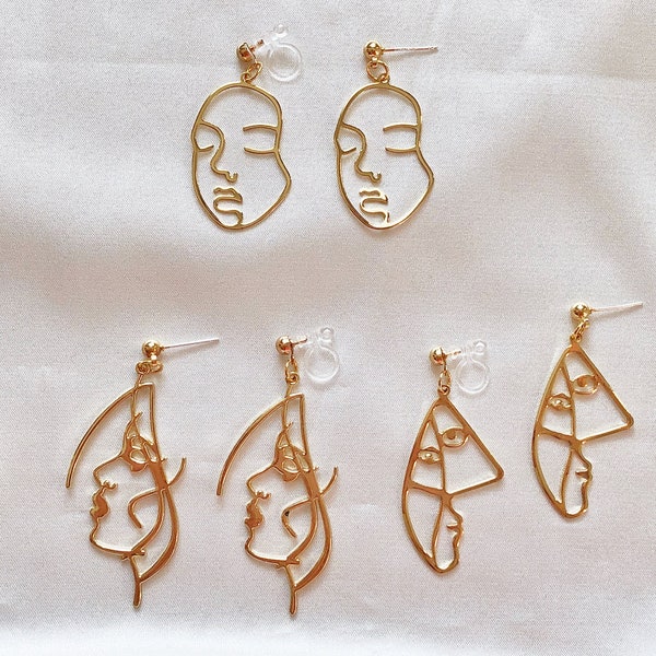 Jolies boucles d'oreilles visage Picasso, boucles d'oreilles pendantes visage abstrait évidé