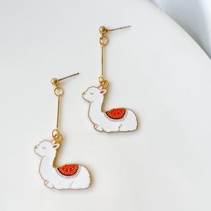 Cute Alpaca earring, animal enamel earring, dangle and drop earrings, gift for her Red