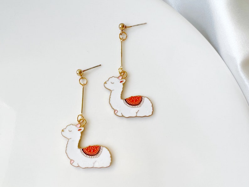 Cute Alpaca earring, animal enamel earring, dangle and drop earrings, gift for her Red
