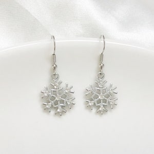 Cute Snowflake Earrings | Silver Winter Dangle | Clip On or Stud | Christmas Gift for Her