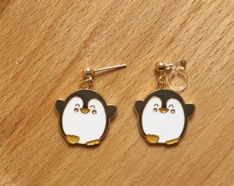 Happy penguin earring, cartoon silver stud/ clip on earrings, Dangle and drop earrings