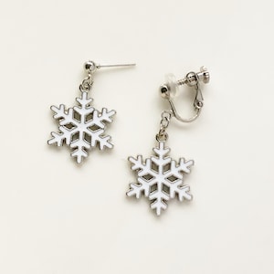 Cute Snowflake Winter Earrings - Silver Snowflake Studs or Clip-ons, Dainty Christmas Jewelry, Holiday Gift for Her, Winter Bridal Earrings