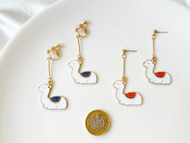 Cute Alpaca earring, animal enamel earring, dangle and drop earrings, gift for her image 2