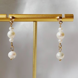 White freshwater pearl drop Stud / Clip on Earrings, Geometric pendant, Gift for her