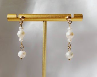 White freshwater pearl drop Stud / Clip on Earrings, Geometric pendant, Gift for her