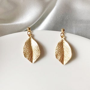 Gold colour leaves clip on/ stud Earrings, Gold plated Dainty dangle pendant, Gift for her
