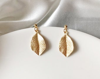 Gold colour leaves clip on/ stud Earrings, Gold plated Dainty dangle pendant, Gift for her