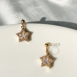 Dainty dangle Star stud/ clip on Earrings, gift for her