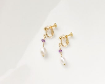Dainty Oval Teardrop freshwater pearl Earrings, Purple/Green/Clear Quartz Waterdrop Geometric Delicate dangle pendant, Gift for her