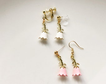 White / Pink Tulips statement earrings, Cute Flower rose Clip on/ stud dangle earrings, gift for her