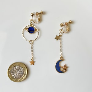 Star Moon Clip on/stud earrings, Saturn Dangle Handmade Earrings image 5