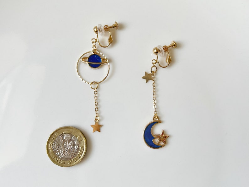 Star Moon Clip on/stud earrings, Saturn Dangle Handmade Earrings image 5