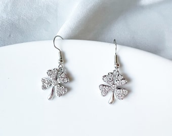 Four Leaf Clover earrings, Drop Dangle zirconia Earrings, gift for her