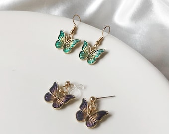 Green Purple Dainty Butterfly Dangle Earrings, Gift for her