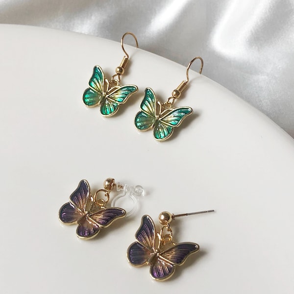 Green Purple Dainty Butterfly Dangle Earrings, Gift for her