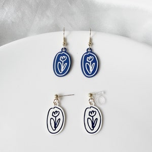 Blue/White oval tulip clip on/ stud Earrings, Gift for her