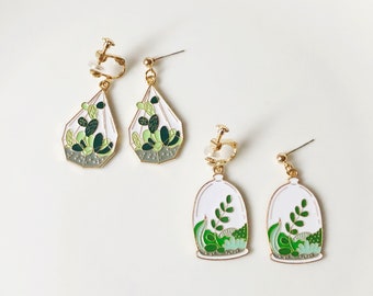Plant cactus earrings, House Plant Gold Dangle Earrings clip-on/stud earrings, gift for her