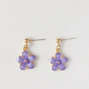 Sakura flower enamel earrings, oriental cherry Stud/Clip on earring, Dangle and drop earrings, spring gift for her Purple