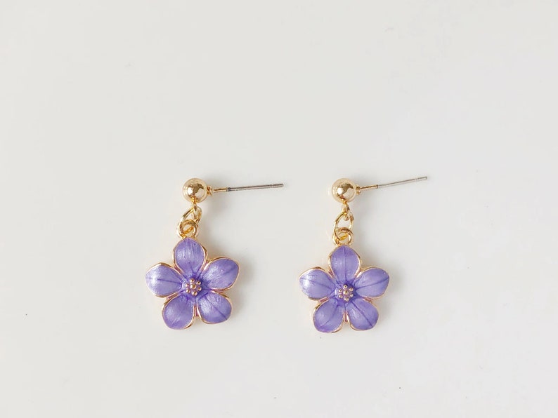 Sakura flower enamel earrings, oriental cherry Stud/Clip on earring, Dangle and drop earrings, spring gift for her Purple