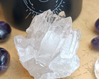 Drusa de cristal de roca (calidad extra, cristal muy puro, Brasil, racimo de cristales, spray, amplificador de energía, litoterapia)
