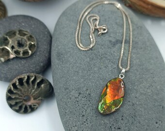 Précieux Pendentif en Ammolite  ( gemme rare, pierre organique, fossile, énergie positive, projets, chance, collier, bijou, original )