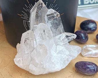 Drusa de cristal de roca (calidad extra, cristal muy puro, Brasil, racimo de cristales, spray, amplificador de energía, litoterapia)