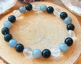 Bracelet Talisman, pierre naturelle, labradorite, cristal de roche, obsidienne ( protection, énergies négatives, thérapeutes, perles 8mm )
