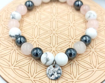 Bracelet Peurs et Anxiété ( soin énergétique, angoisse, stress, pierres naturelles, lithothérapie, Howlite, quartz rose, hématite, cadeau)