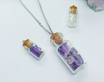 Collar de oro o plata, colgante de vial 'mágico' lleno de mini piedras, amatista, peridoto, labradorita, cuarzo rosa o blanco