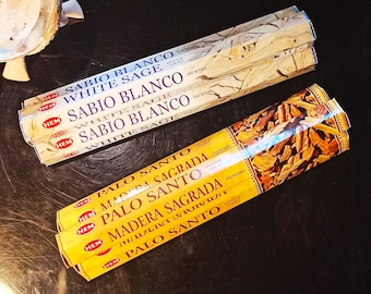 Encens naturel de qualité, roulé à la main, HEM, boîte de 20 ou de 8, batonnets, palo santo ou sauge blanche, purification, fumigation