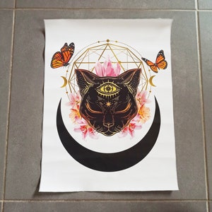 Canvas or chalkboard poster. Black cat, geometric designs, moons, flowers, butterflies and crystals (witch, poster, witch, 3rd eye))