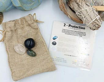 Bolsa de cuidados 2: Protección (piedras naturales, litoterapia, piedras rodadas, labradorita, obsidiana, cristal de roca, regalo)